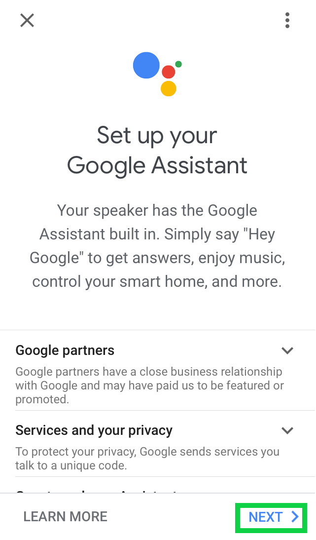 Set up your google assistant page with next highlighted
