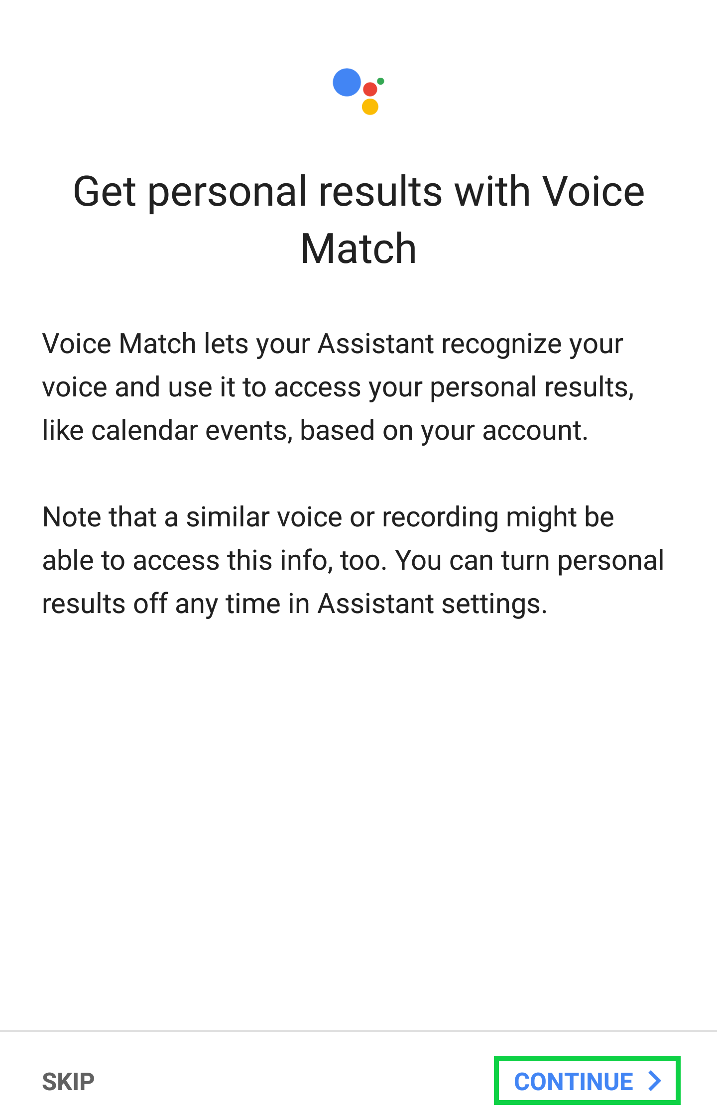 Get personal results with Voice Match page with Continue highlighted
