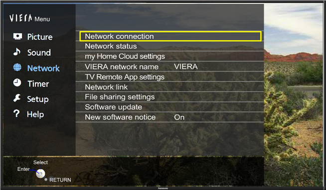 Network connection option highlighted in Network menu