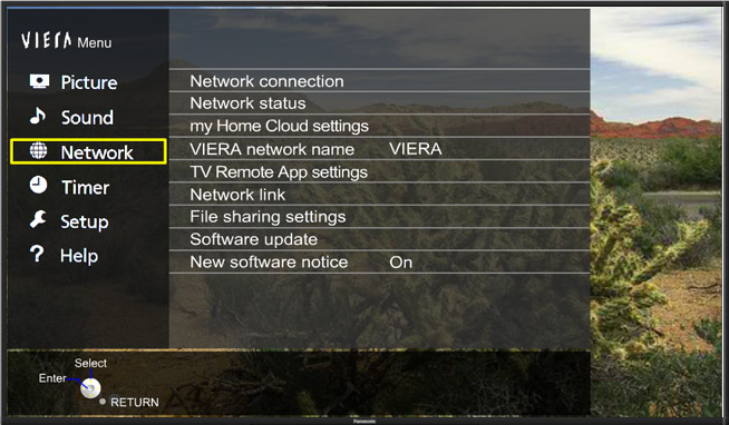 Network option highlighted in menu