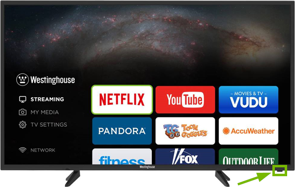 Power Indicator and IR Receiver highlighted on front of TV.