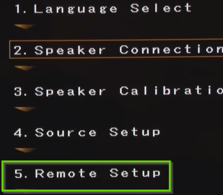 Denon settings menu highlighting the remote setup option.