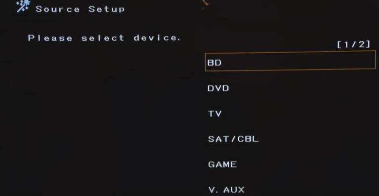 Denon receiver source setup screen prompting the user to select a type of source device.