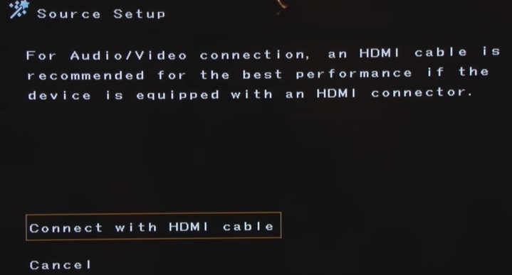 Denon receiver source setup displaying instructions on connecting the source device selected.