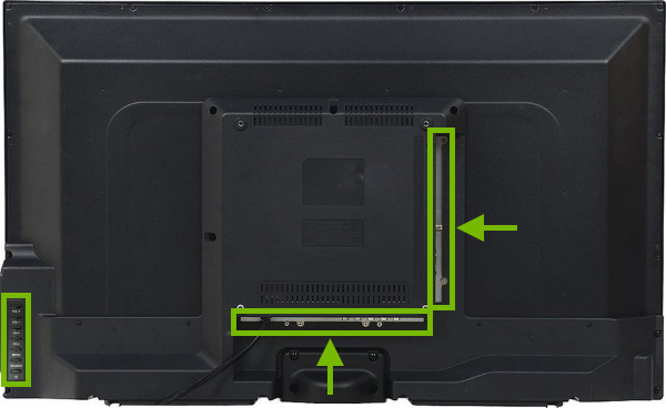 Control buttons and connection panels highlighted on rear of TV.