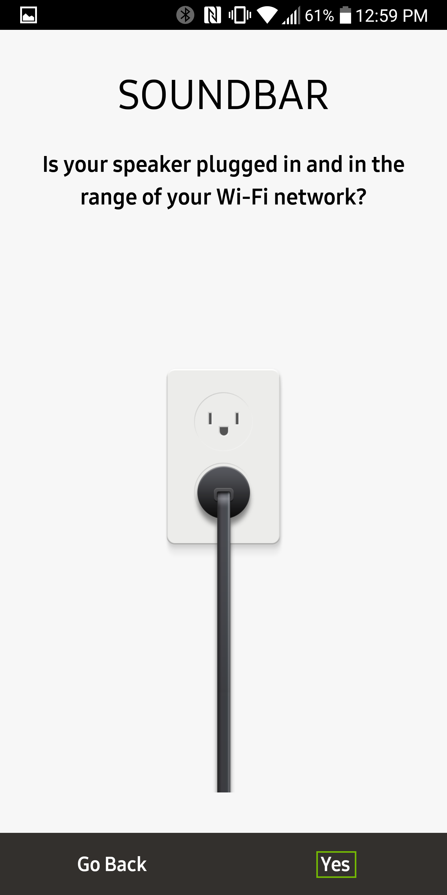 soundbar prompt asking if your speaker is plugged in and in range of wifi with next highlighted