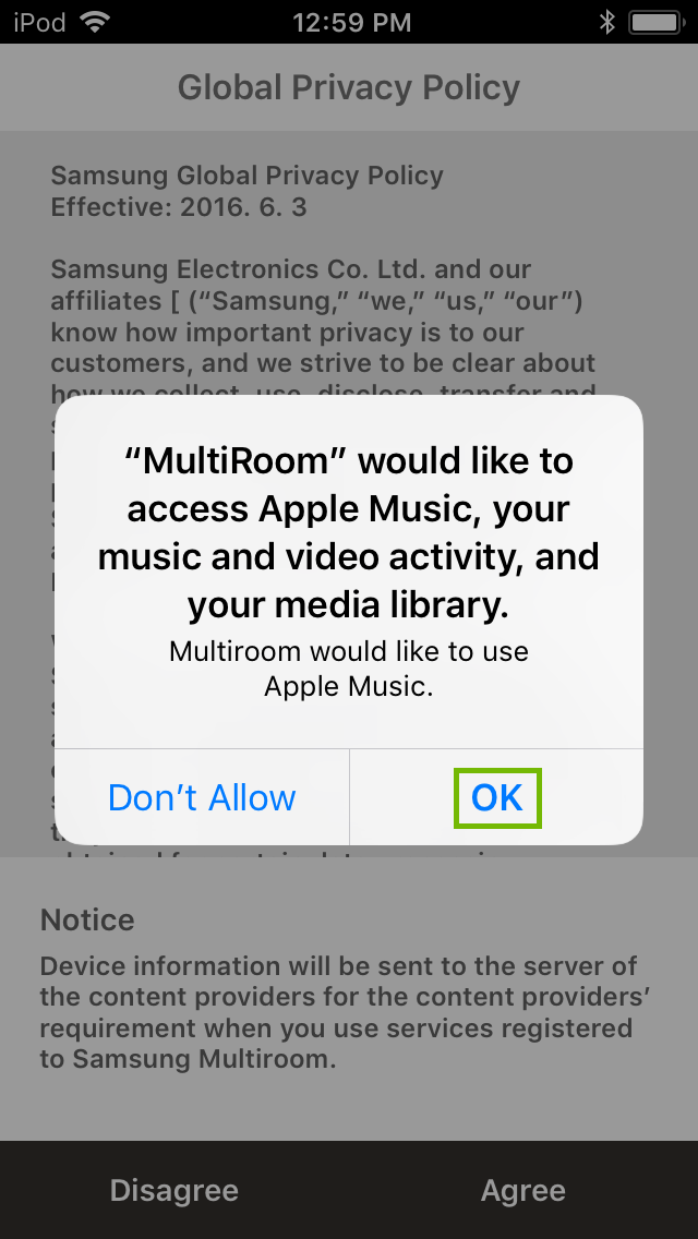 request for media access permission dialog with ok button highlighted