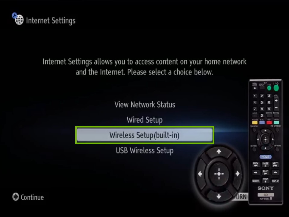 internet settings with wireless setup (built-in) highlighted