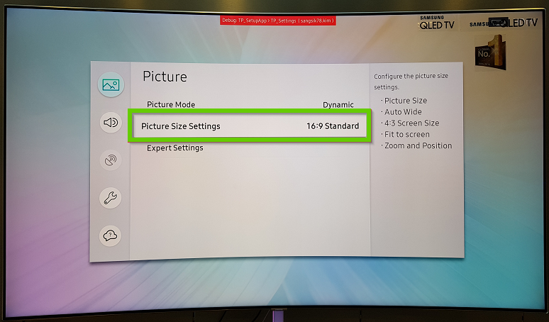 Picture size settings on TV Menu.