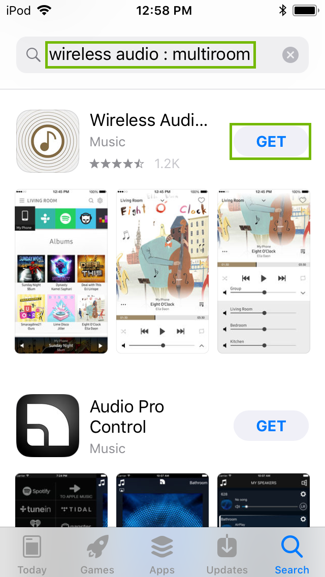 Search for app, and app in list with get button highlighted