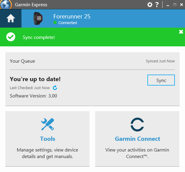 Garmin Express maine screen showing sync complete