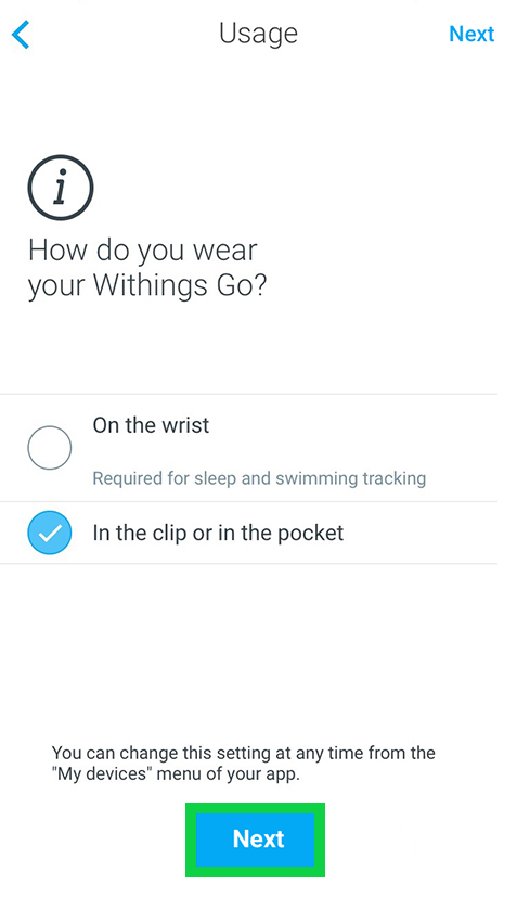 Withings Go usage page asking where the tracker will be worn