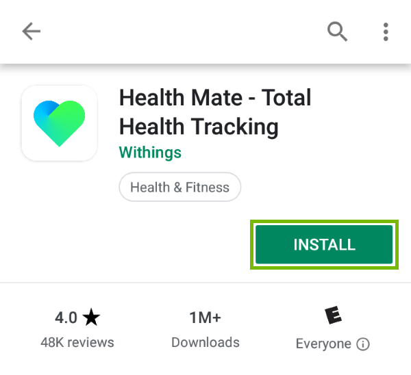 Install button highlighted in Play Store for found app.