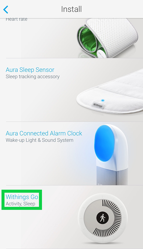 Nokia Health Mate app settings with Withings Go highlighted