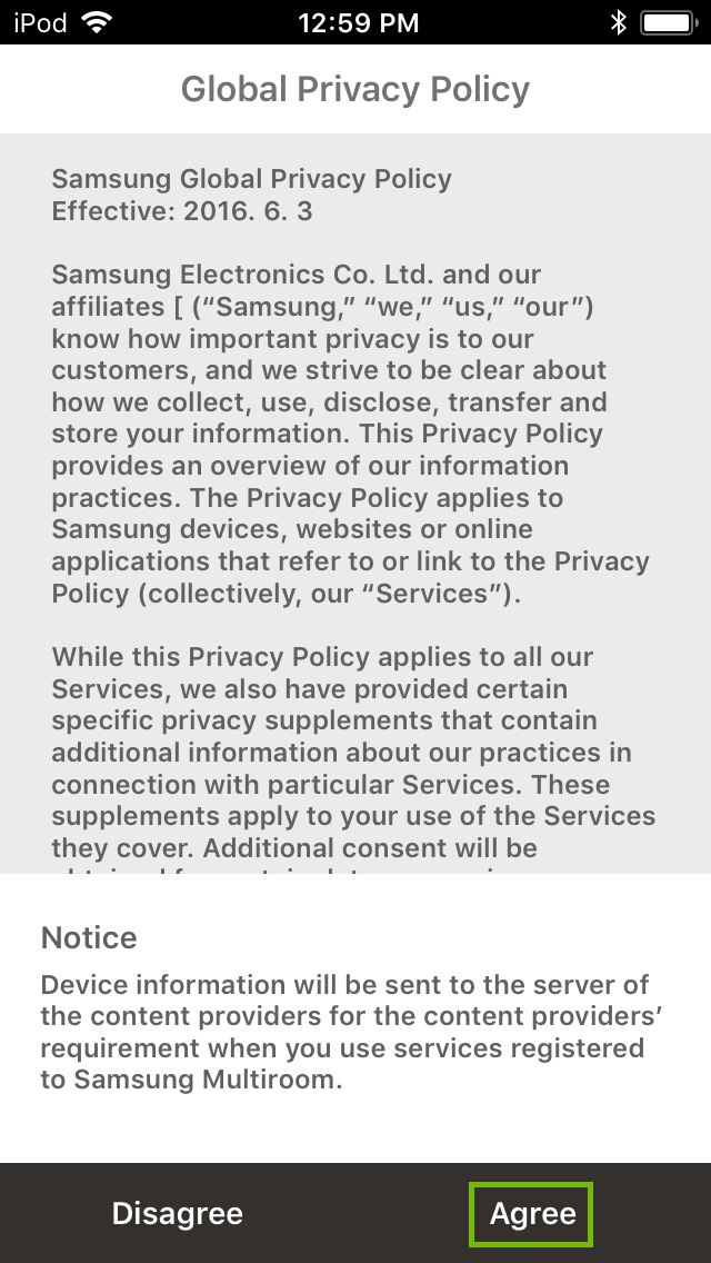 privacy policy with Agree highlighted