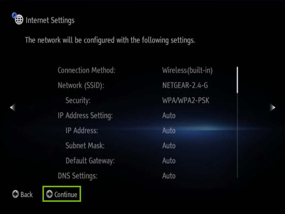 listing of settings with continue highlighted