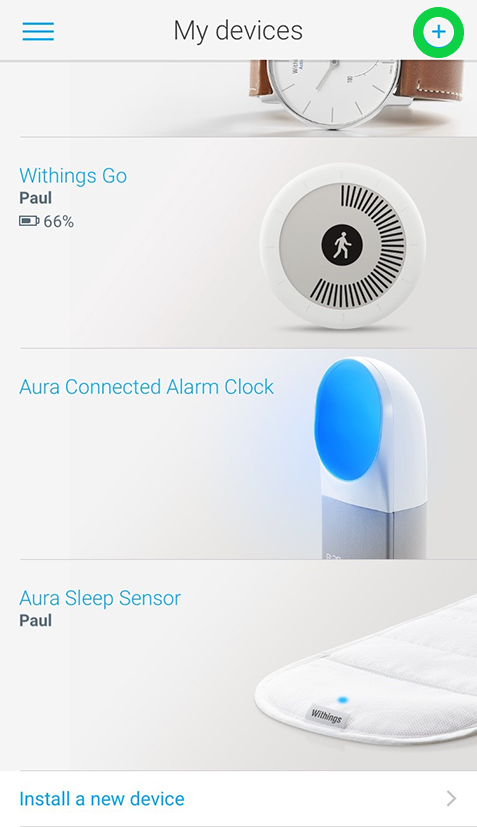 Nokia Health Mate app with the plus sign highlighted