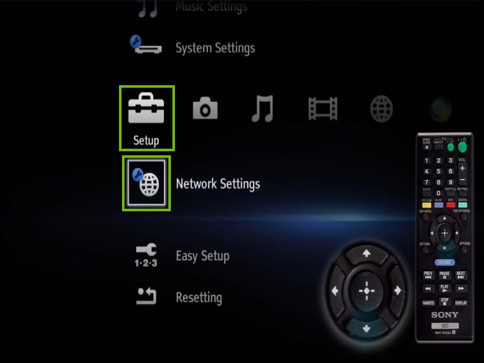 Home screen with setup, network settings highlighted
