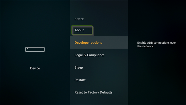 Device menu with About option selected. Screenshot.