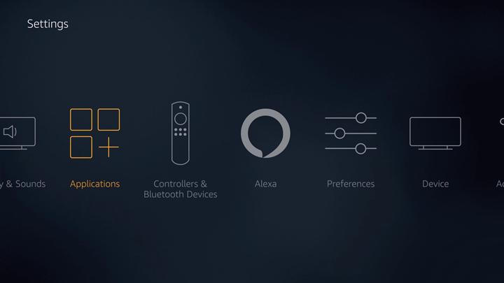 FireTV settings screen with Applications option highlighted.