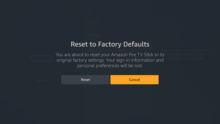 Factory reset confirmation prompt.