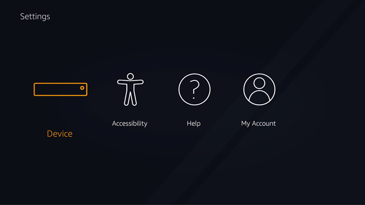 FireTV settings screen with Device option highlighted.