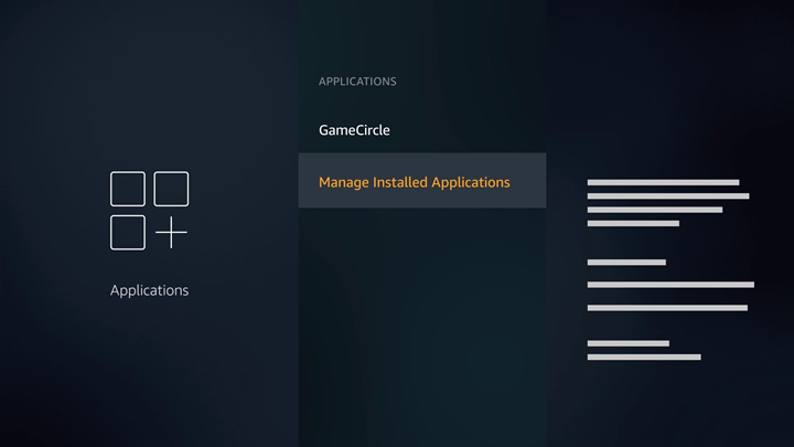 FireTV application settings screen with Manage Installed Applications option highlighted.