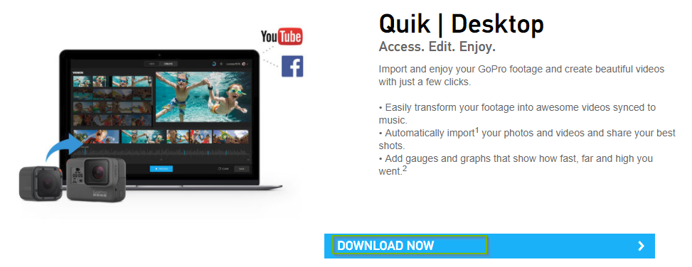 GoPro website displaying download options for the GoPro Quik app.