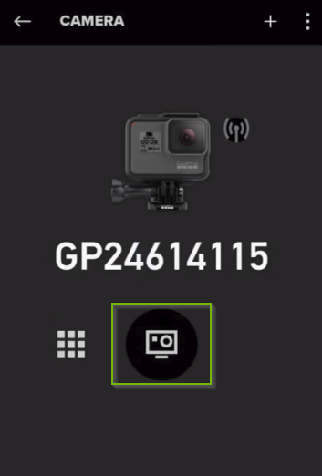 GoPro app displaying the available device. Camera button highlighted.