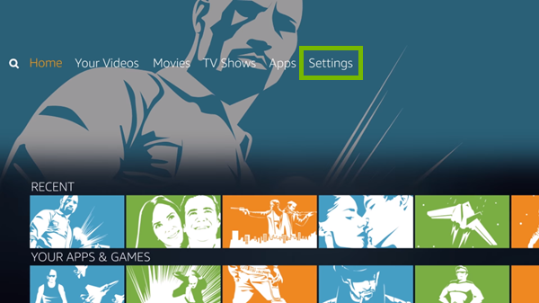 Settings option highlighted on Fire TV main screen.