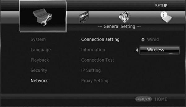 Blu-ray network settings menu