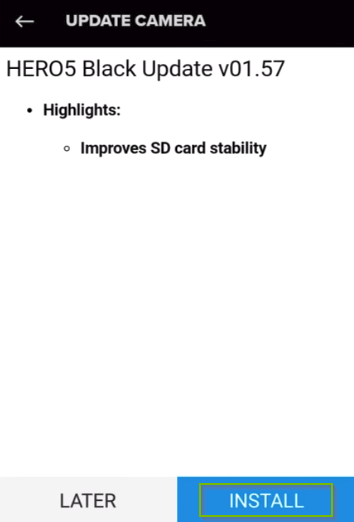 GoPro app prompting the user to update the camera. Install button highlighted.
