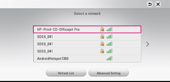 List of available networks with refresh list button and advanced setting button