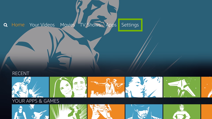 Settings highlighted on Fire TV main screen.