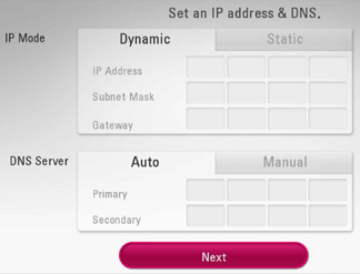 Set an IP address and DNS with IP mode and DNS server options and next button