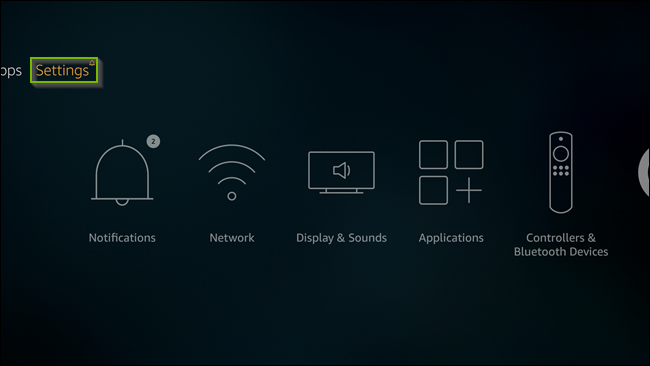 Fire TV screen with Settings menu selected. Screenshot.