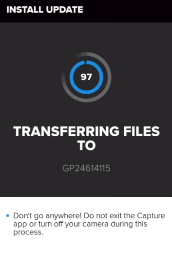 GoPro app transferring update files to the camera.