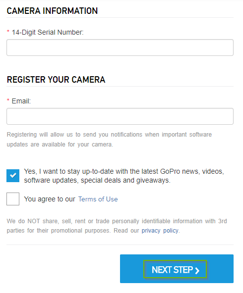 GoPro website prompting the user for registration information. Next step button highlighted.