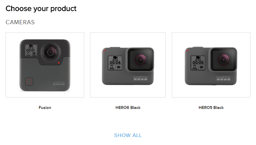 GoPro website displaying a list of available devices.