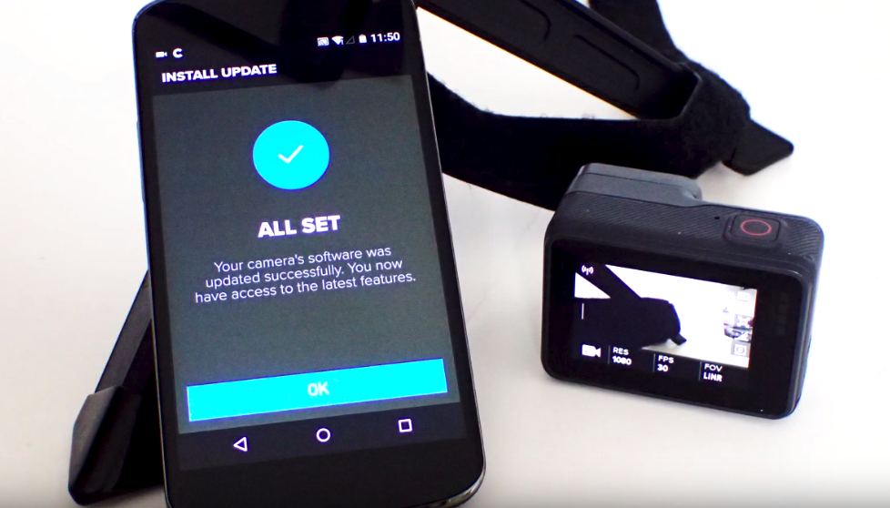 GoPro app displaying an all set screen, alerting the user the update has completed successfully.