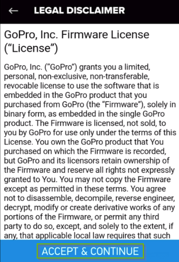 GoPro app update license agreement screen. Accept and continue button highlighted.