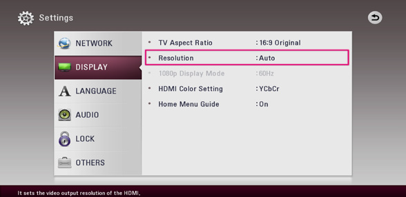 Settings menu with display selected and resolution highlighted
