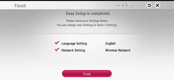 Setup is complete showing your language and network setup with a Finish button
