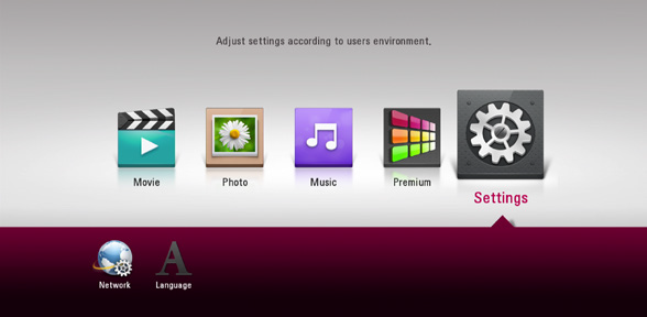 Home screen with settings selected