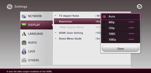 Resolution selected with a box showing a list of different resolutions available