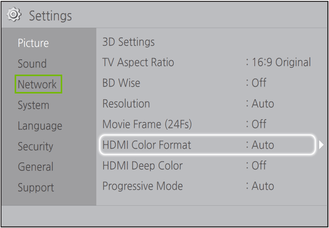 Settings with network highlighted