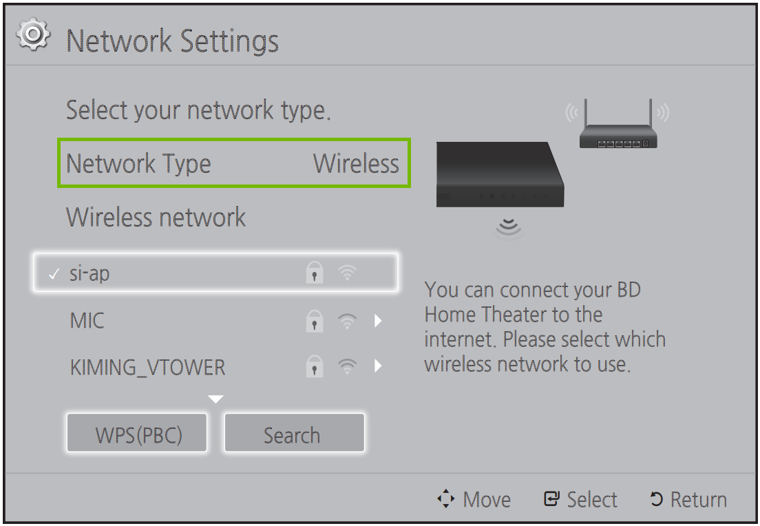 Network settings with network type highlighted