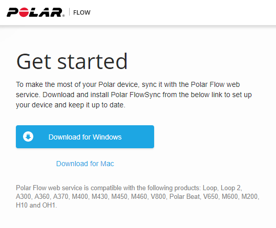 Polar website offering the Polar Flow app download.