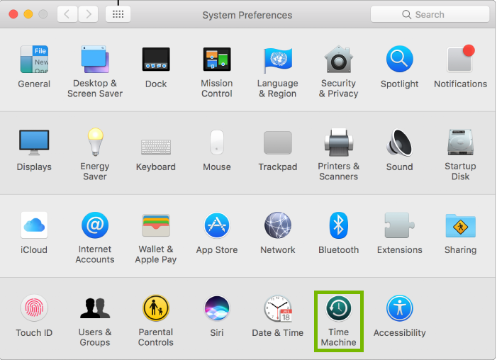 screenshot of system Preferences with time machine highlighted