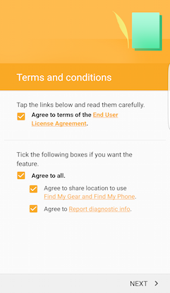 Mobile app Terms and Conditions screen